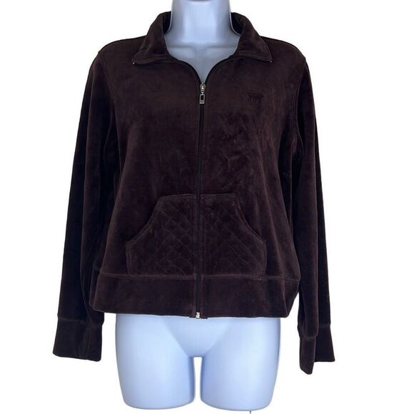 Oleg Cassini Sport Small Full Zip Front Jacket Brown Velour Pockets Y2K Active - Picture 1 of 9